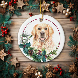 Golden Retriever Evergreen Berry Wreath Keramik Ornament