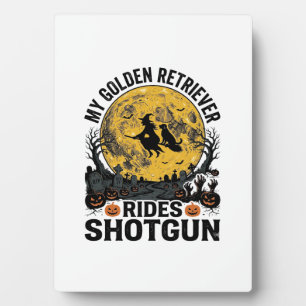 Golden Retriever fährt mit Shotgun Halloween Hexen Fotoplatte