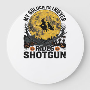 Golden Retriever fährt mit Shotgun Halloween Hexen Große Wanduhr