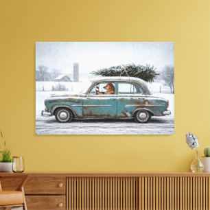 Golden Retriever fährt Retro-Auto mit Tannenbaum Leinwanddruck