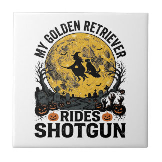 Golden Retriever fährt Shotgun Halloween Hexen Kun Fliese