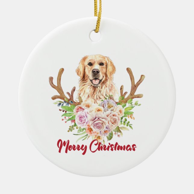 Golden Retriever Floral Frohe Weihnachten Keramik Ornament (Vorne)
