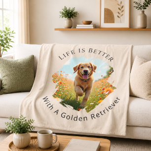 Golden Retriever Foto Das Leben ist besser Beige Fleecedecke