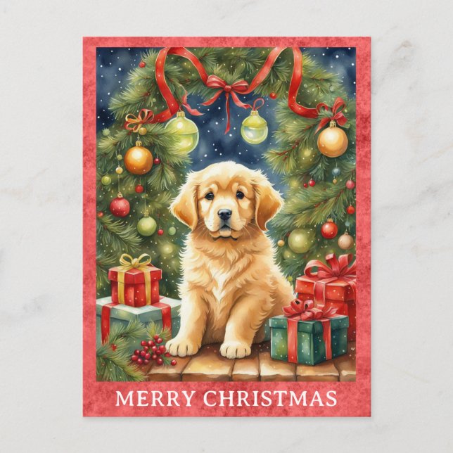 Golden Retriever Frohe Weihnachten Niedlicher Welp Postkarte (Vorderseite)