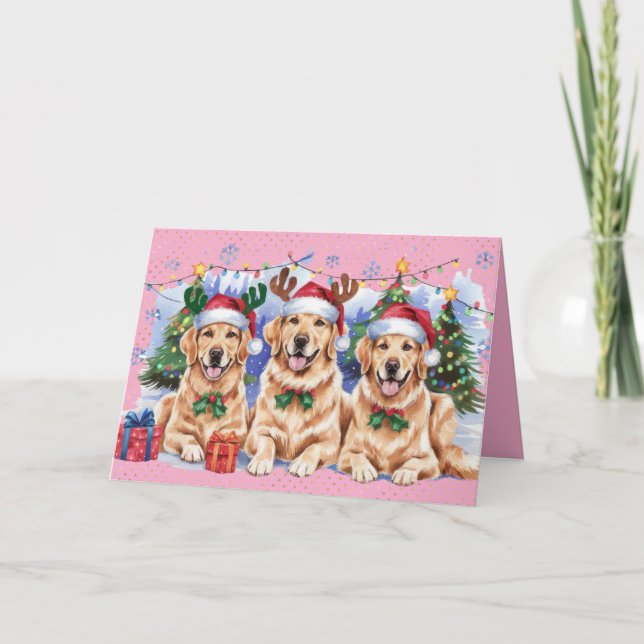 Golden Retriever Frohe Weihnachtskarte Rosa Einladung (Vorderseite)