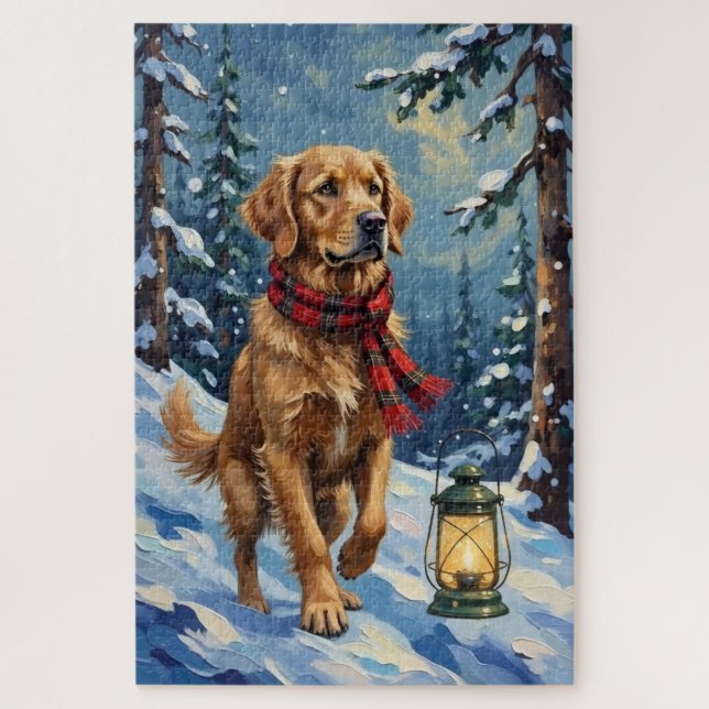 Golden Retriever Guiding Light in Snowy Forest (Vertikal)