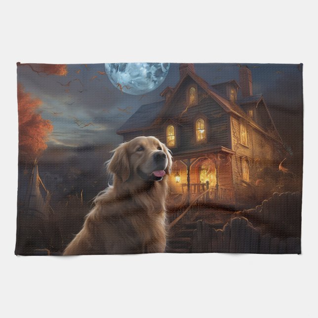 Golden Retriever Halloween Beängstigend Geschirrtuch (Horizontal)