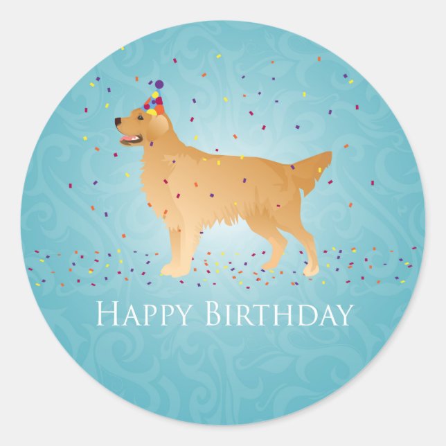 Golden Retriever Happy Birthday Design Runder Aufkleber (Vorderseite)