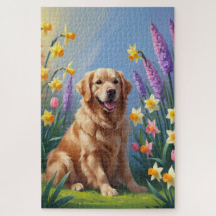 Golden-Retriever-Hund-Frühlingsblumen-Gemälde