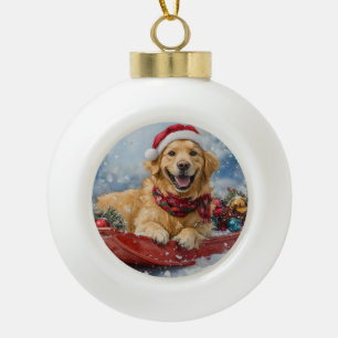 Golden Retriever Hund im Schlitten Schnee Weihnach Keramik Kugel-Ornament