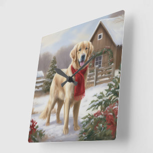 Golden Retriever Hund im Schnee Weihnachten Quadratische Wanduhr