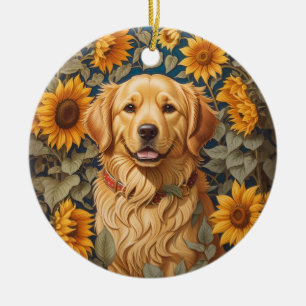 Golden Retriever Hund im Sonnenblumenfeld Keramik Ornament