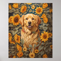 Golden Retriever Hund im Sonnenblumenfeld