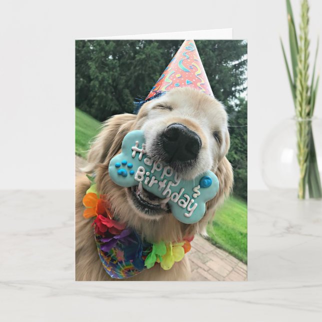 Golden Retriever Hund mit Leckerei Happy Birthday Karte (Vorderseite)
