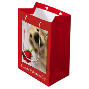 Golden Retriever Hund mit Rote Rose Valentinstag Mittlere Geschenktüte
