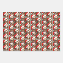 Golden Retriever Hund mit roter Weihnachtsmannmütz Geschenkpapier Set