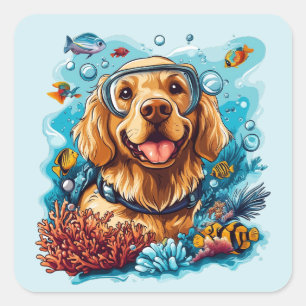 Golden Retriever Hund Schnorcheln Korallenriff Quadratischer Aufkleber