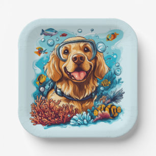 Golden Retriever Hund schnorchelt am Korallenriff Pappteller