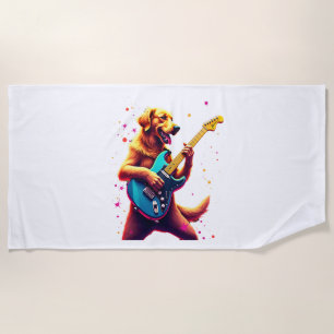 Golden Retriever Hund spielt E-Gitarre Rock Strandtuch