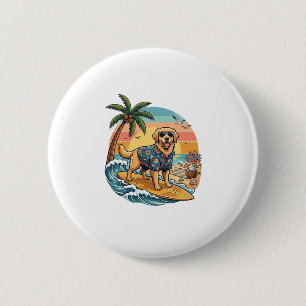 Golden Retriever Hund Surft Surfboard Sonnenunterg Button