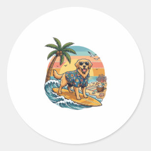 Golden Retriever Hund Surft Surfboard Sonnenunterg Runder Aufkleber