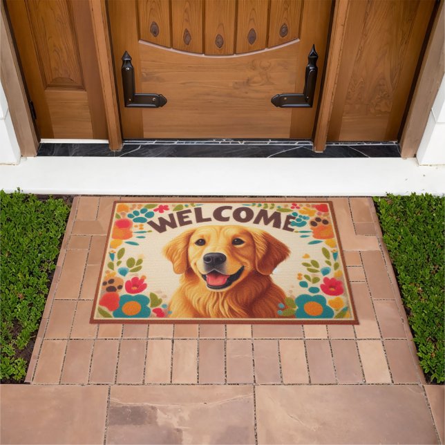 Golden Retriever Hund Willkommen farbenfrohe Grenz Fußmatte (Außenbereich)