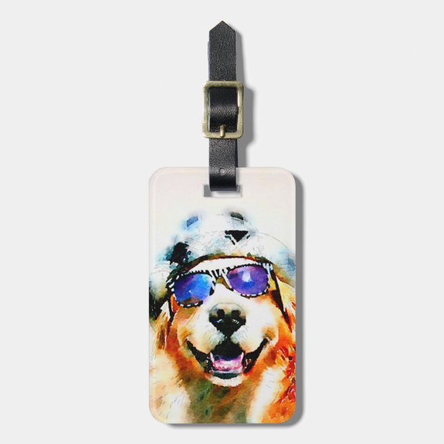 Golden retriever im Hut-und Sonnenbrille-Aquarell Gepäckanhänger (Vorderseite vertikal)