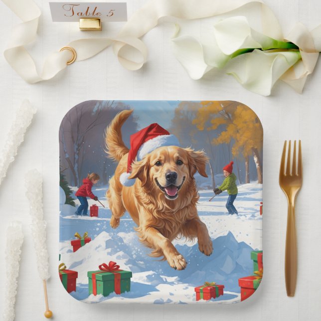 Golden Retriever im Schnee mit Weihnachtshut Pappteller (Hochzeit)