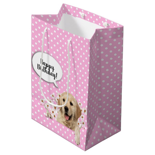 Golden Retriever in den Gängen auf Polka-Punkten Mittlere Geschenktüte (Vorderseite Schrägansicht)