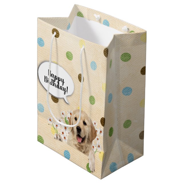 Golden Retriever in den Gängen auf Polka-Punkten Mittlere Geschenktüte (Vorderseite Schrägansicht)