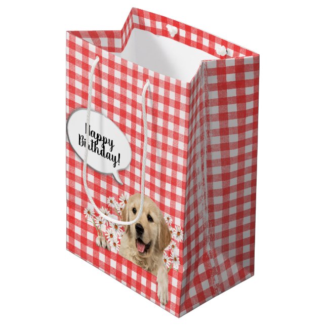 Golden Retriever in den Gänsebläschen auf Rotgingh Mittlere Geschenktüte (Vorderseite Schrägansicht)