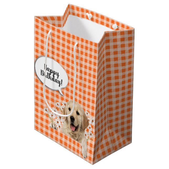 Golden Retriever in den Gänsen auf Orangengingham Mittlere Geschenktüte (Vorderseite Schrägansicht)