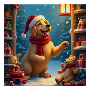 Golden Retriever in Santas Werkstatt Weihnachten Poster