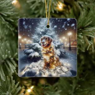 Golden Retriever in Weihnachtslichtern verheddert Keramikornament