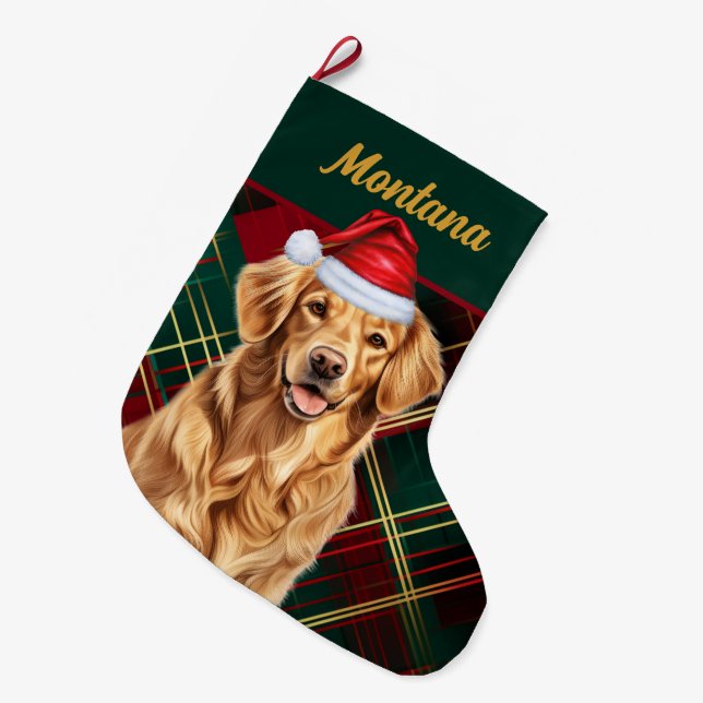 Golden Retriever Kariert und Hunde Name Großer Weihnachtsstrumpf (Vorderansicht (hängend))