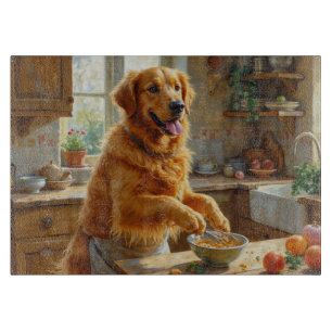 Golden Retriever kocht in der Küche Schneidebrett