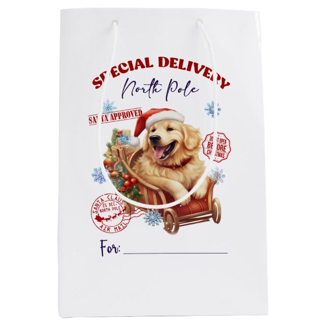 Golden Retriever - Lieferung an den Nordpol Mittlere Geschenktüte (Vorderseite)