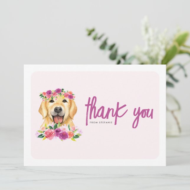 Golden Retriever Lila Floral Geburtstag Dankeskarte (Stehend Vorderseite)