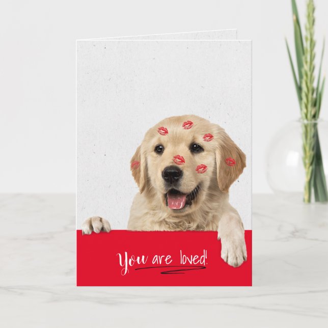 Golden Retriever Lippenstift küsst Valentine Karte (Vorderseite)