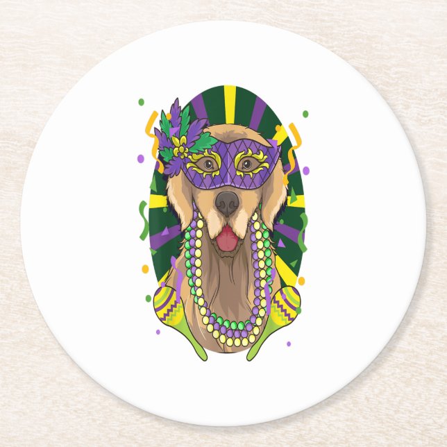 Golden Retriever Mardi Gras Dog Runder Pappuntersetzer (Vorderseite)