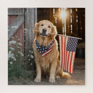 Golden Retriever mit amerikanischer Flagge