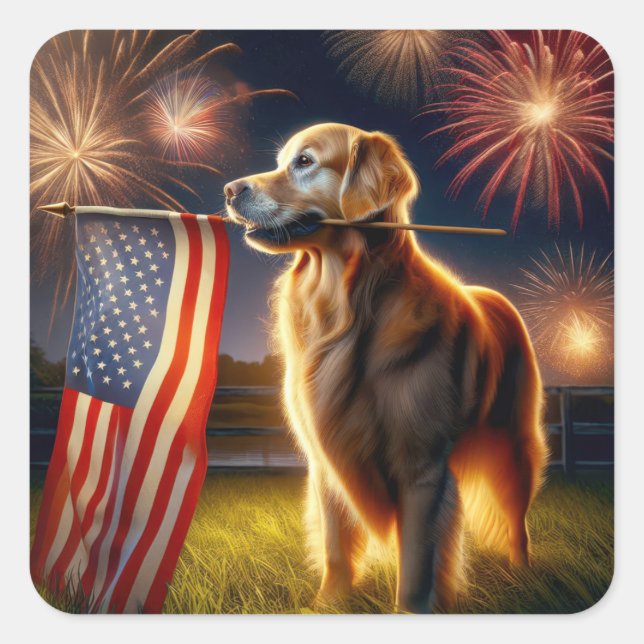 Golden Retriever mit amerikanischer Flagge Quadratischer Aufkleber (Vorderseite)