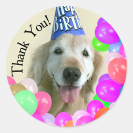 Golden Retriever mit Balloons Vielen Dank zum Gebu Runder Aufkleber