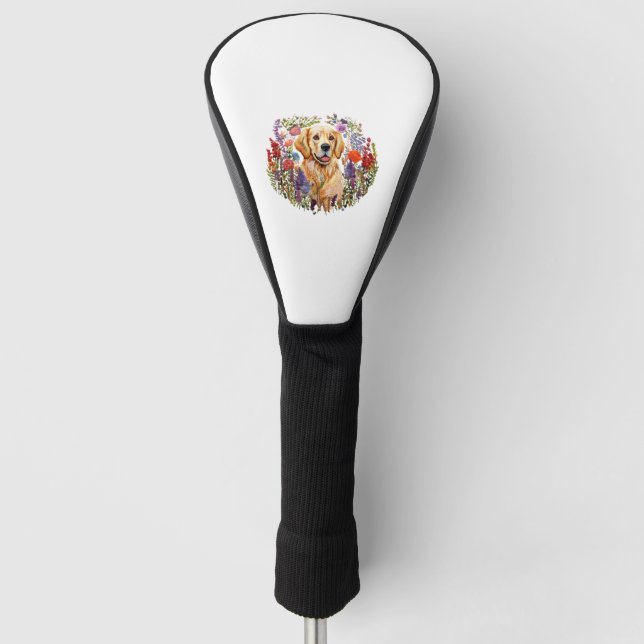 Golden Retriever mit Blume Blumenstickerei vi Golf Headcover (Vorderseite)