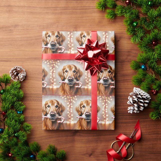 Golden Retriever mit Candy Cane Geschenkpapier (Feiertagsgeschenk)