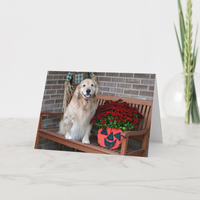 Golden Retriever mit Halloween Pumpkin Planter Karte (Vorderseite)