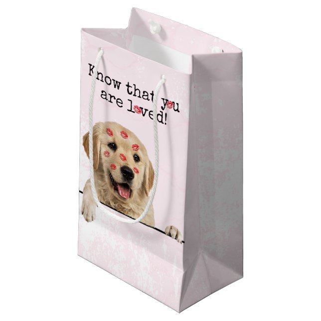 Golden Retriever mit Lipstick Kisses Kleine Geschenktüte (Vorderseite Schrägansicht)