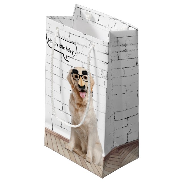 Golden Retriever mit Mustache Maske Kleine Geschen Kleine Geschenktüte (Vorderseite Schrägansicht)
