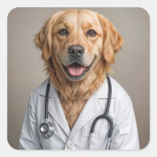Golden Retriever mit weißem Doktormantel Quadratischer Aufkleber