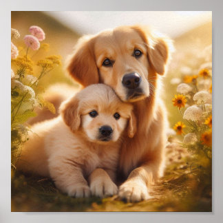 Golden Retriever Mutter und ihr Welpe Poster